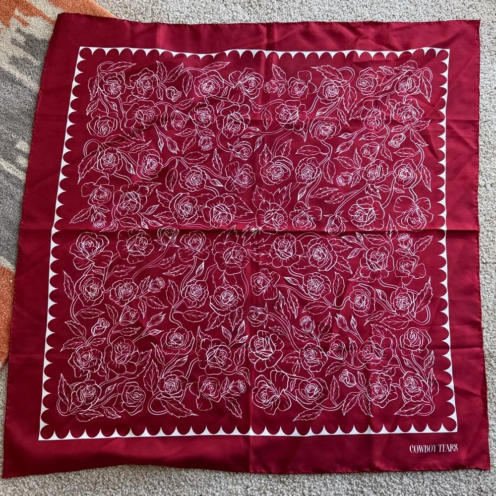 Red Silk Scarf with White Floral Design